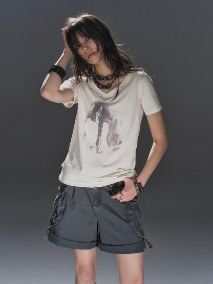 wear And tear Frayed Layered V-neck Portrait Print Women&