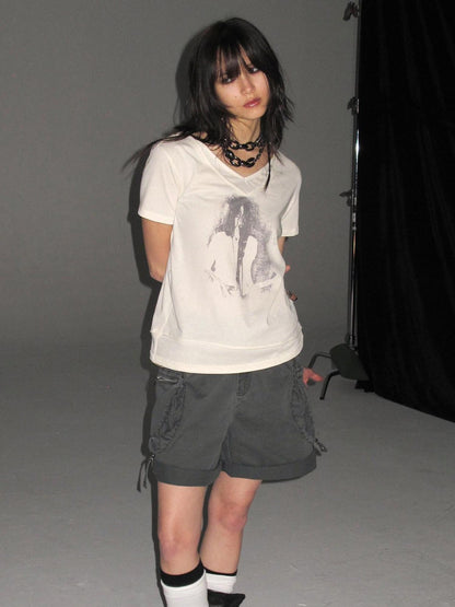 wear And tear Frayed Layered V-neck Portrait Print Women&