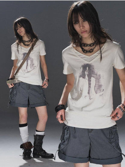 wear And tear Frayed Layered V-neck Portrait Print Women&