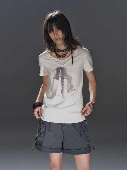 wear And tear Frayed Layered V-neck Portrait Print Women&