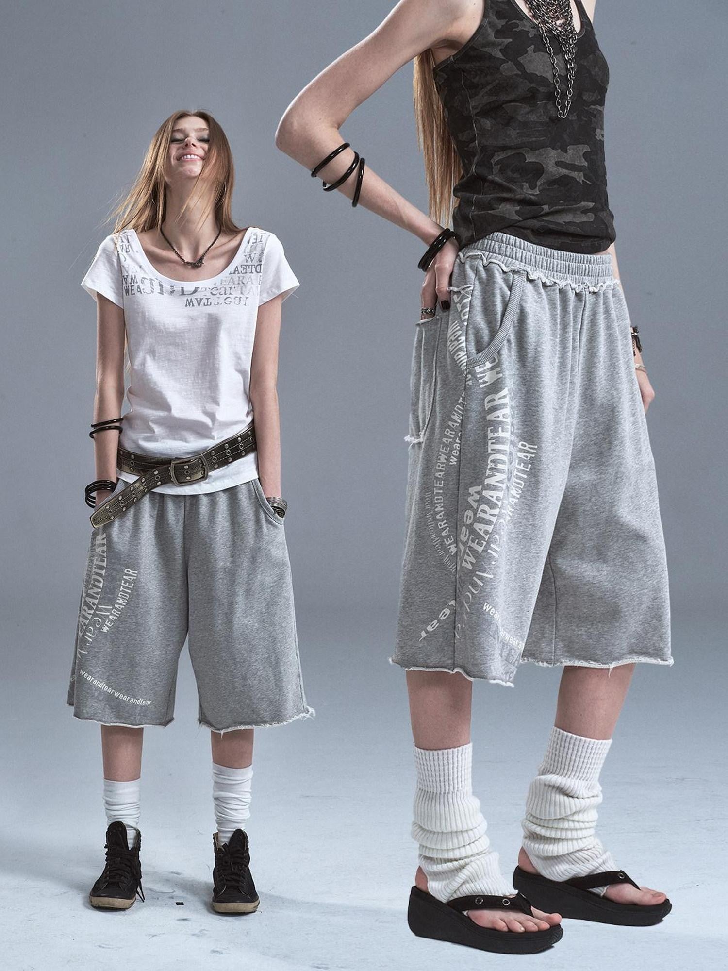wear And tear Frayed Split Letter Silver Print Asymmetrical Women&