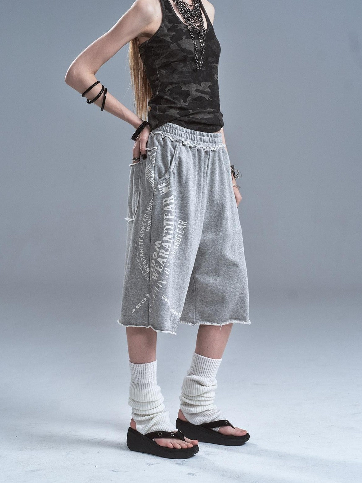 wear And tear Frayed Split Letter Silver Print Asymmetrical Women&