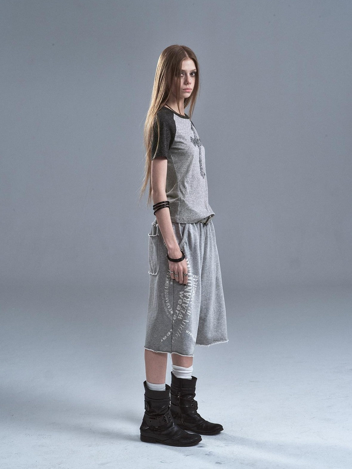 wear And tear Frayed Split Letter Silver Print Asymmetrical Women&