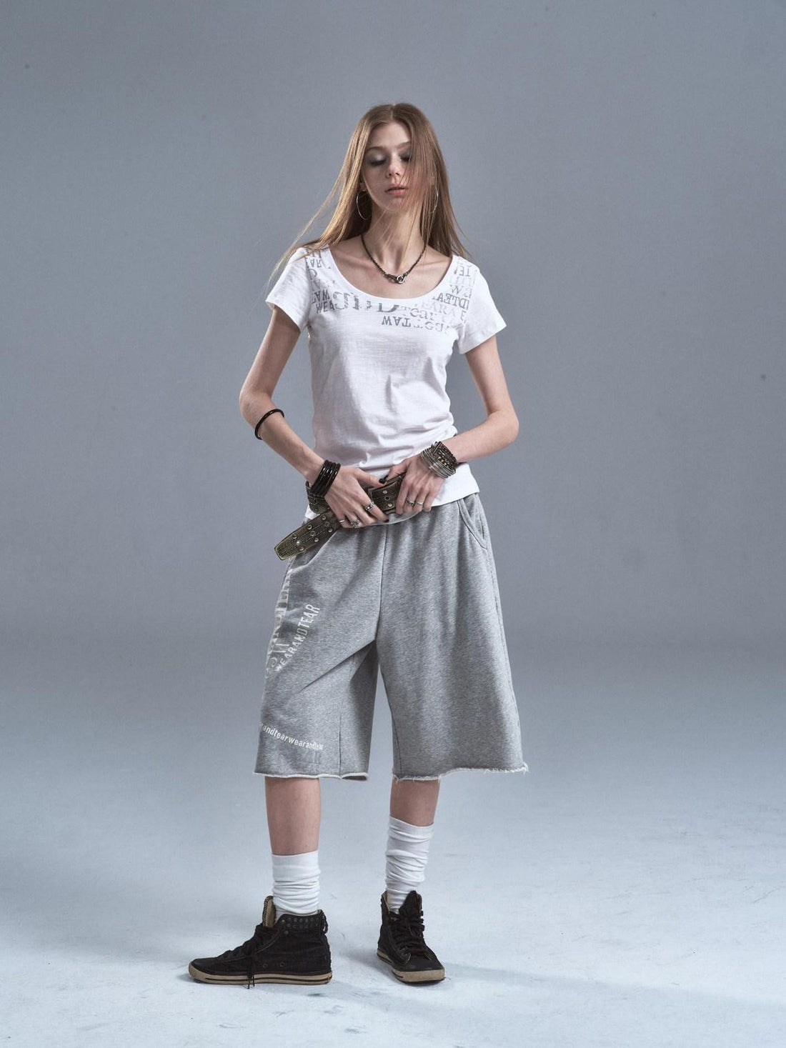 wear And tear Frayed Split Letter Silver Print Asymmetrical Women&