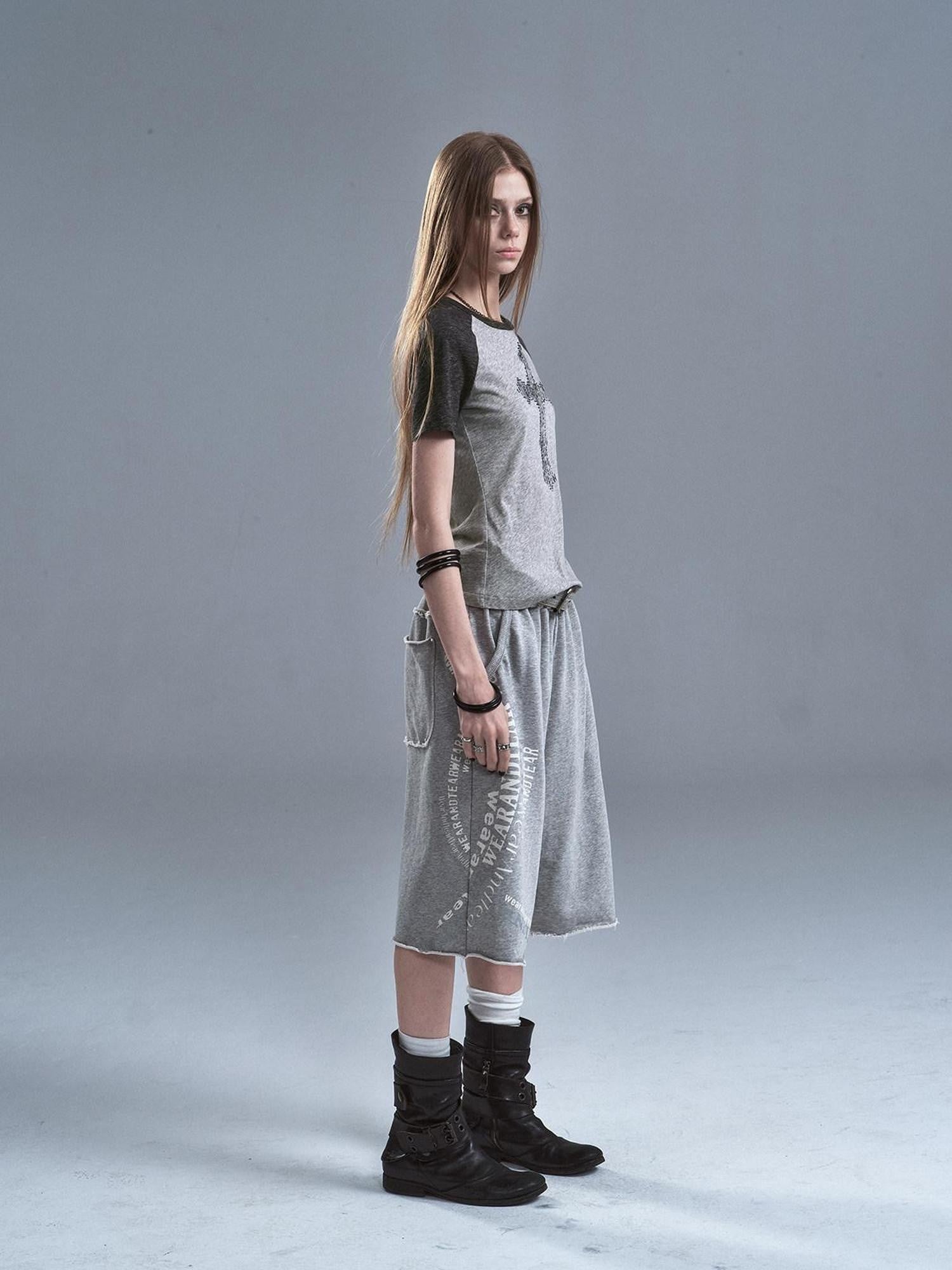 wear And tear Frayed Split Letter Silver Print Asymmetrical Women&