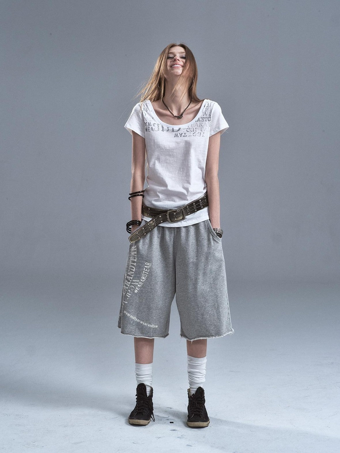 wear And tear Frayed Split Letter Silver Print Asymmetrical Women&