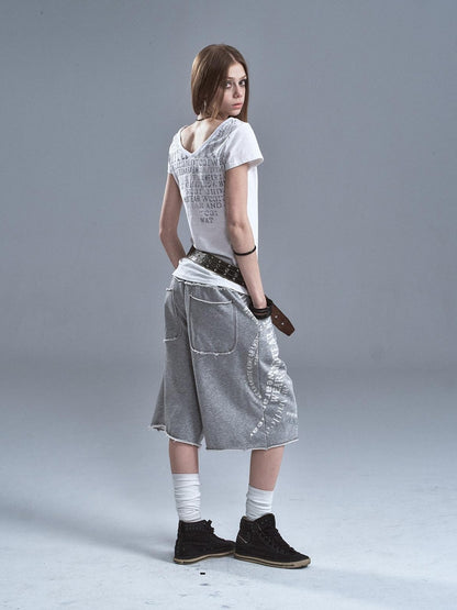 wear And tear Frayed Split Letter Silver Print Asymmetrical Women&