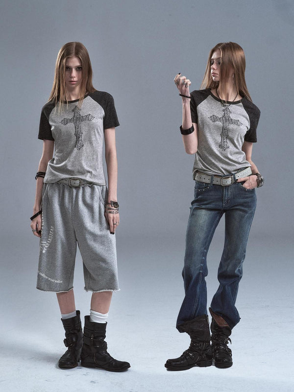 Gray Patchwork Cross Print Rhinestone Women'S Tencel Short Sleeve T-Shirts