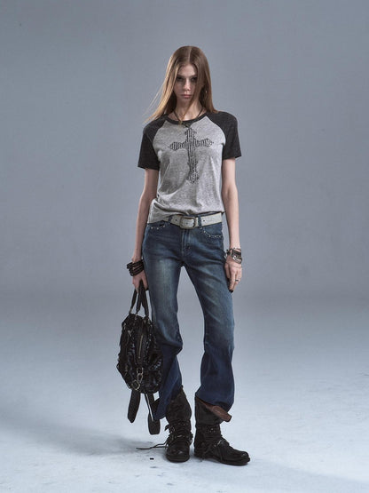 wear And tear Gray Patchwork Cross Print Rhinestone Women&