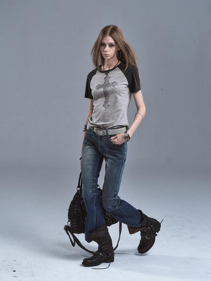 wear And tear Gray Patchwork Cross Print Rhinestone Women&