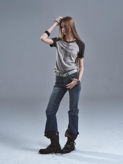 wear And tear Gray Patchwork Cross Print Rhinestone Women&