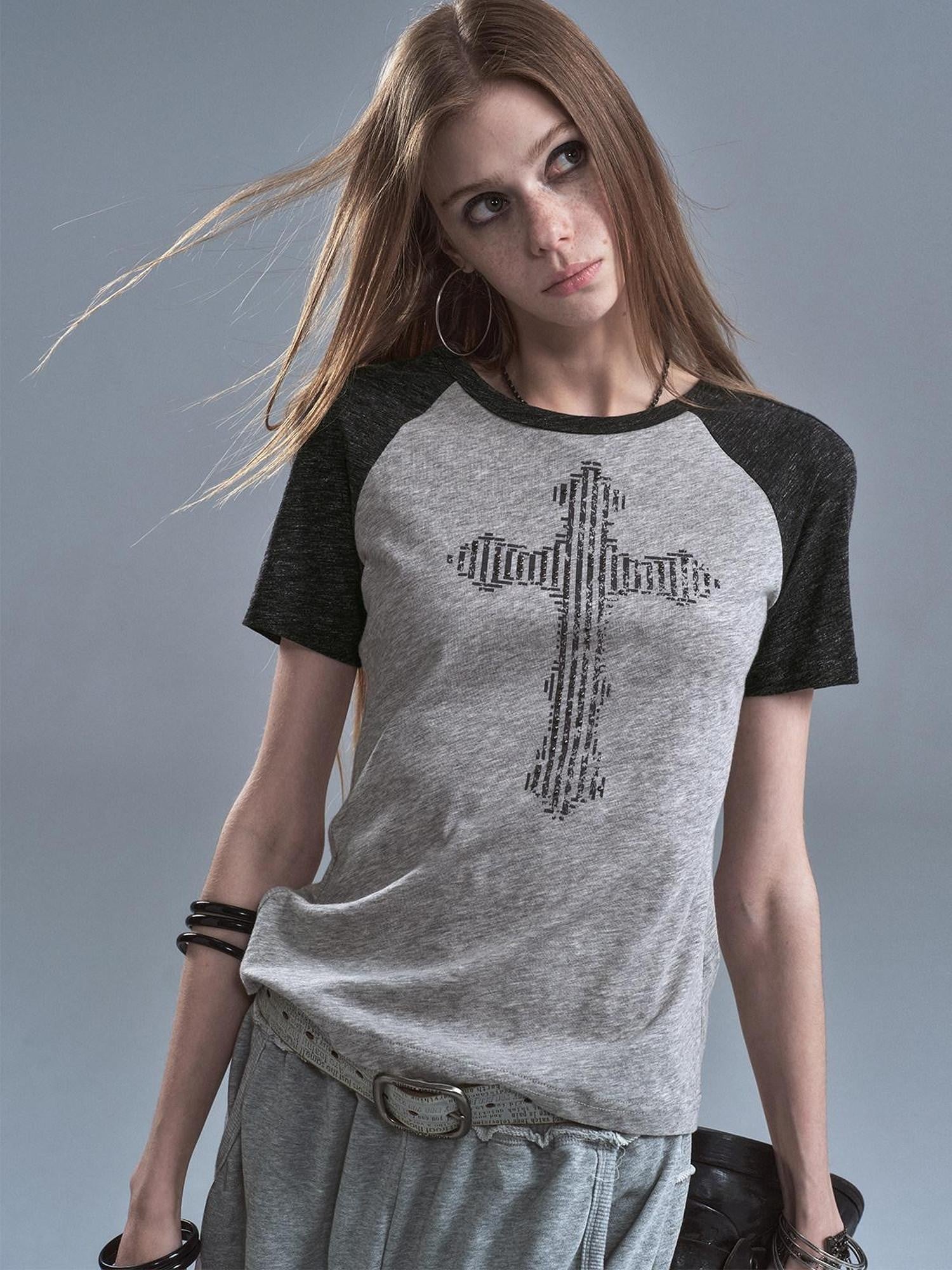 wear And tear Gray Patchwork Cross Print Rhinestone Women&