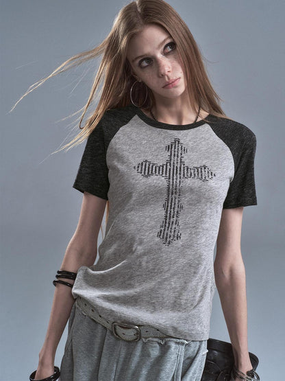wear And tear Gray Patchwork Cross Print Rhinestone Women&