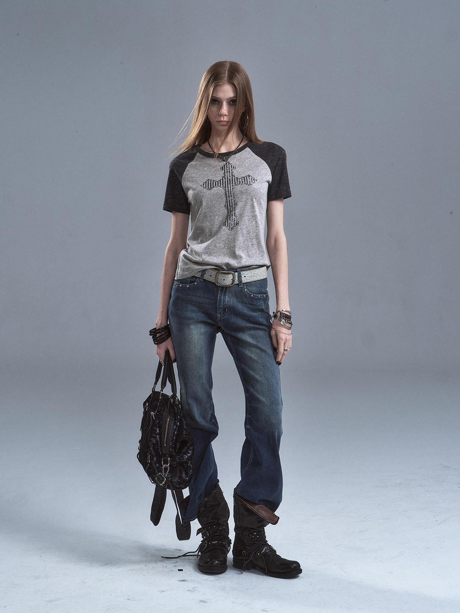 wear And tear Gray Patchwork Cross Print Rhinestone Women&