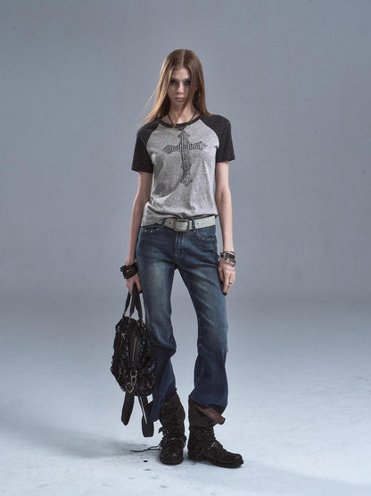wear And tear Gray Patchwork Cross Print Rhinestone Women&
