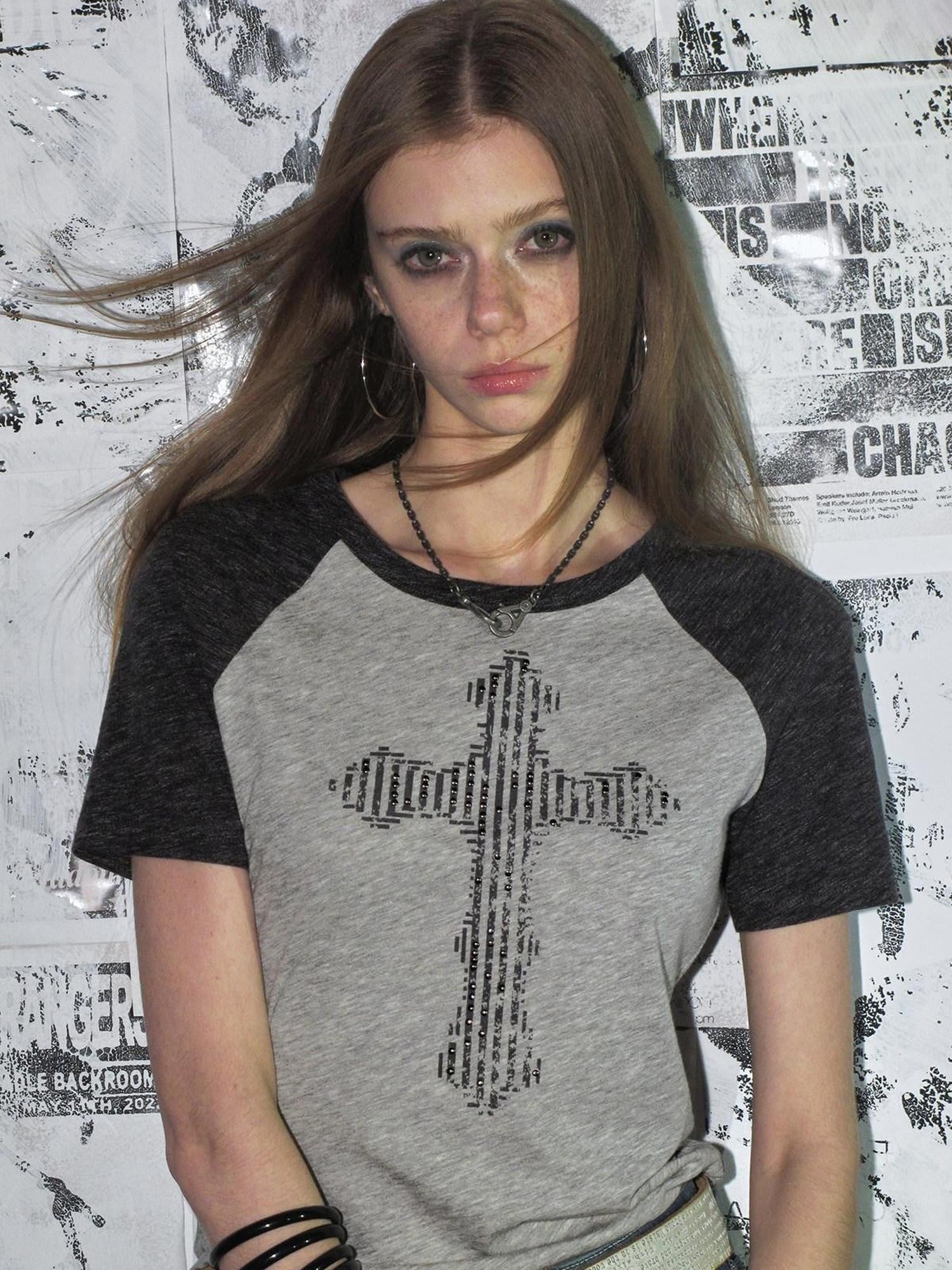 wear And tear Gray Patchwork Cross Print Rhinestone Women&