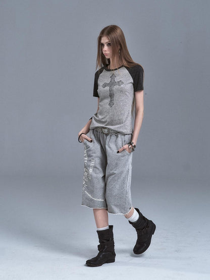 wear And tear Gray Patchwork Cross Print Rhinestone Women&