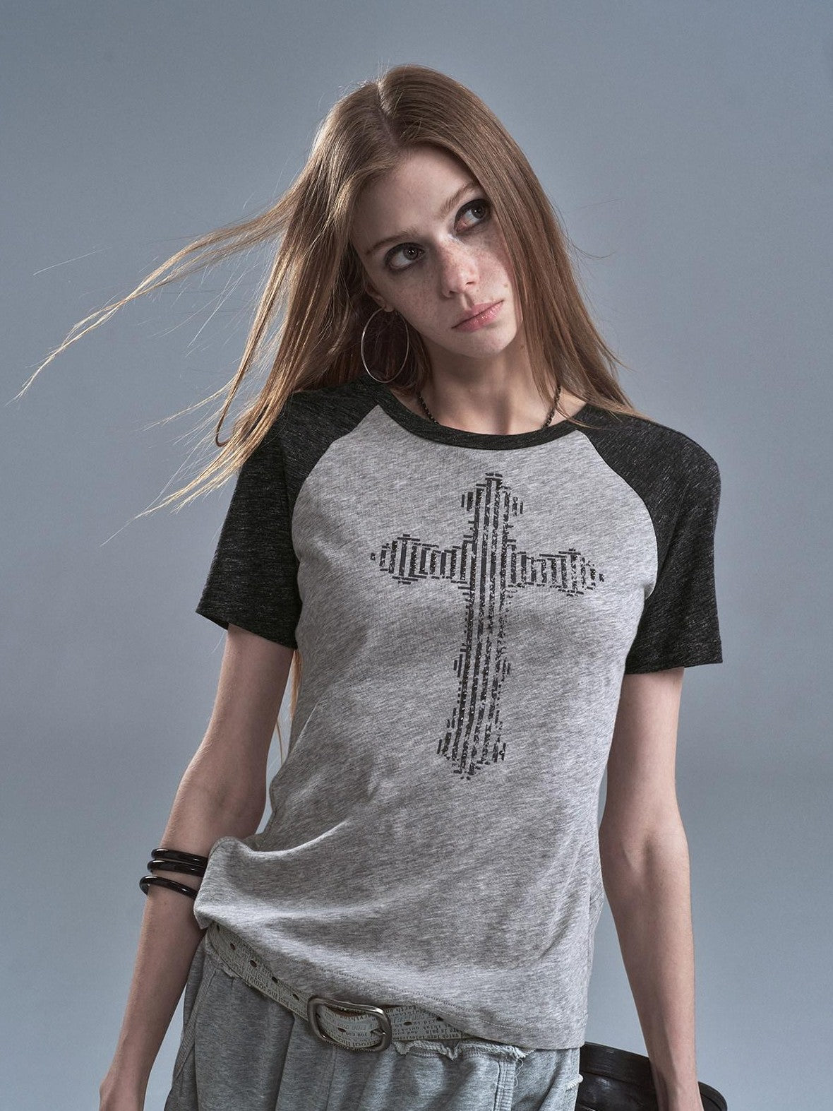 wear And tear Gray Patchwork Cross Print Rhinestone Women&