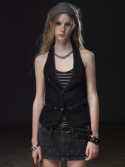 wear And tear Halter Neck Layered Ribbed Vest