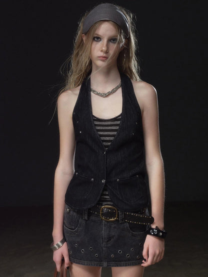 wear And tear Halter Neck Layered Ribbed Vest