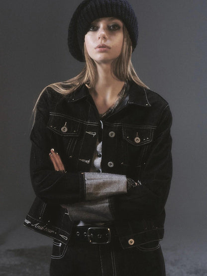 Heavyweight Black Denim Jacket With Silver Embroidery
