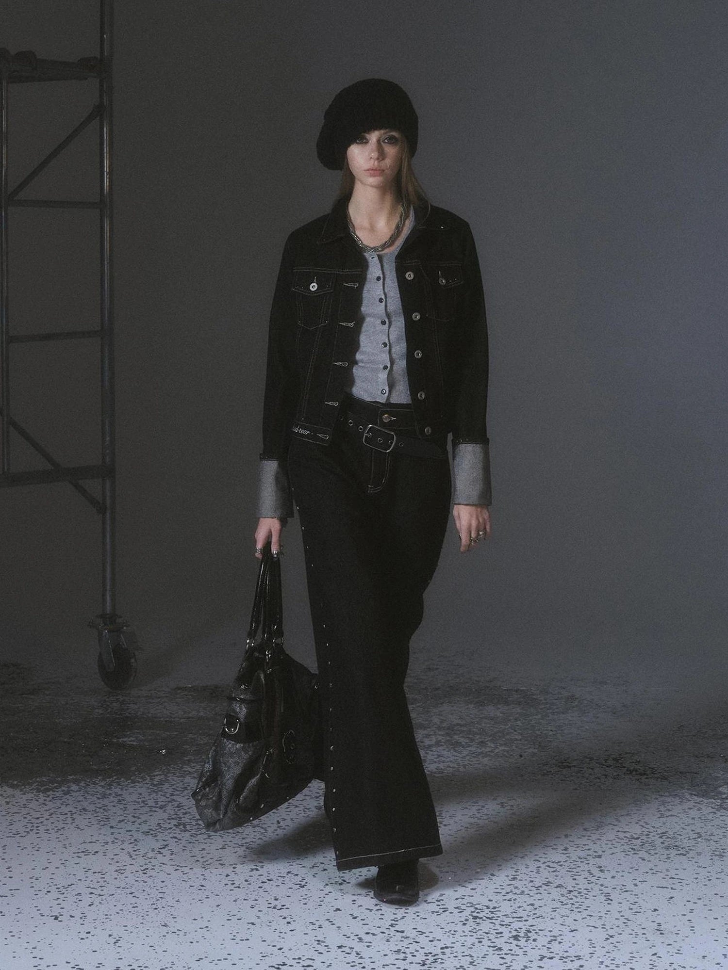 Heavyweight Black Denim Jacket With Silver Embroidery