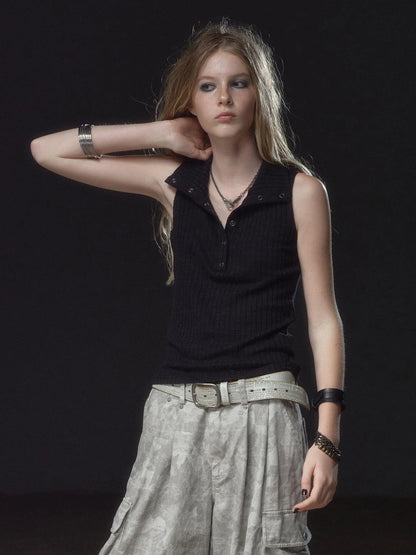 wear And tear High Neck Half Placket Knit Vest