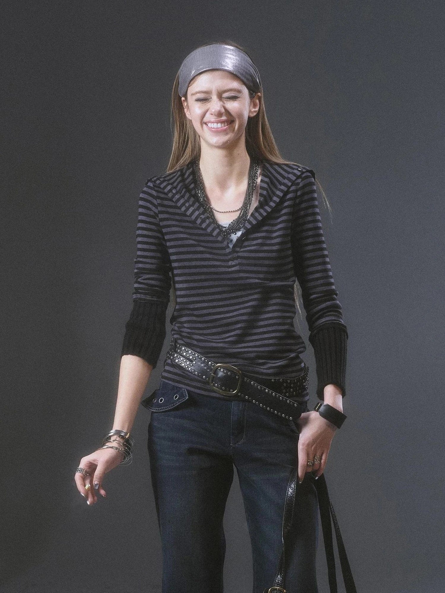 High Neck Striped Knit Top With Cuff Detail