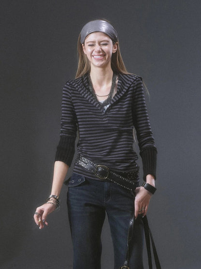 High Neck Striped Knit Top With Cuff Detail