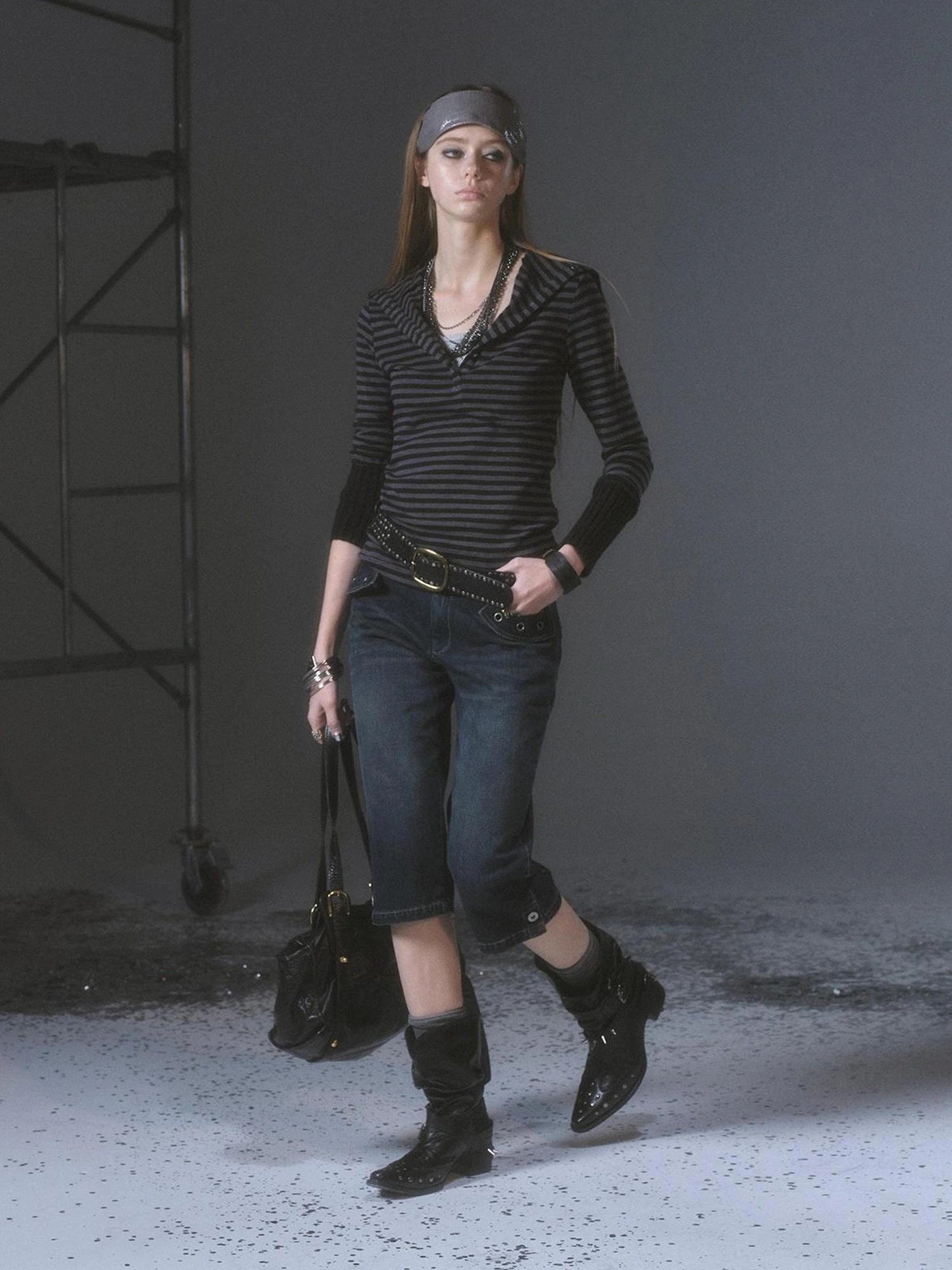 High Neck Striped Knit Top With Cuff Detail