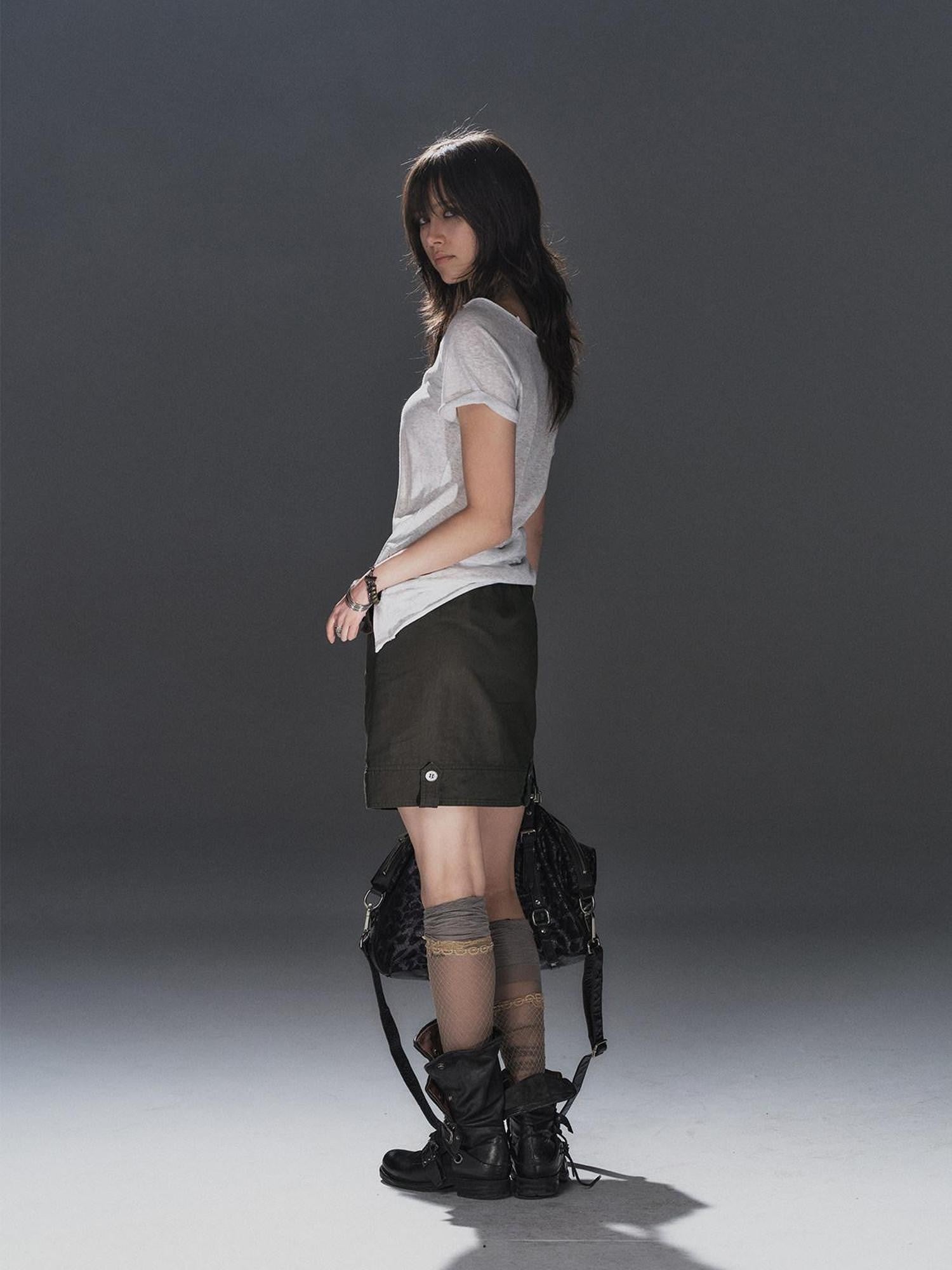 wear And tear Iridescent Double Button Pocket Front Slit Women&