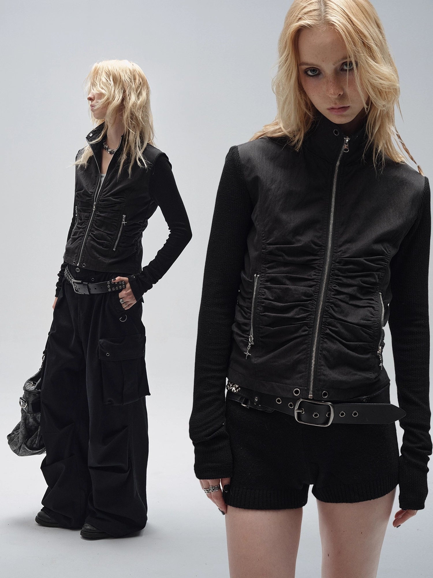 wear_And_tear_Knitted_Sleeve_Paneled_Stand_Collar_Pleated_Slim_Cropped_Jacket_MISSTT