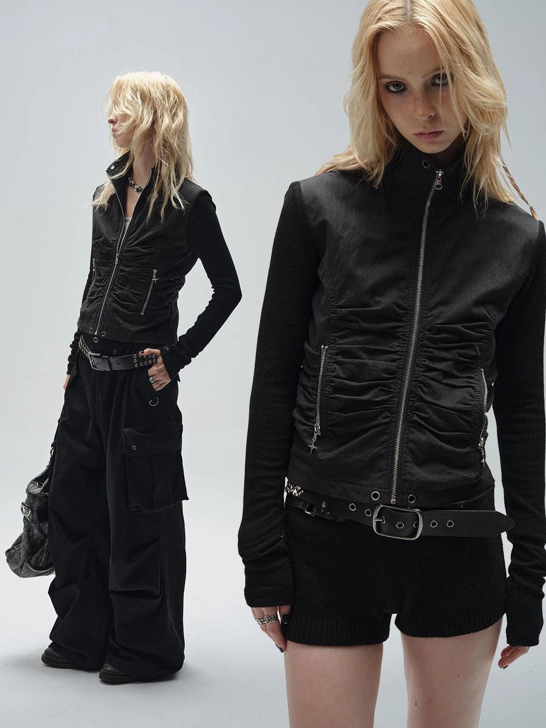 wear And tear Knitted Sleeve Paneled Stand Collar Pleated Slim Cropped Jacket