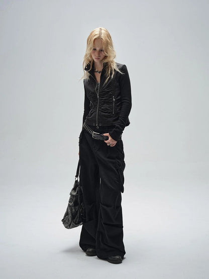 wear And tear Knitted Sleeve Paneled Stand Collar Pleated Slim Cropped Jacket