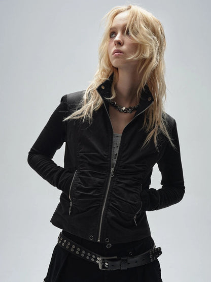 wear And tear Knitted Sleeve Paneled Stand Collar Pleated Slim Cropped Jacket