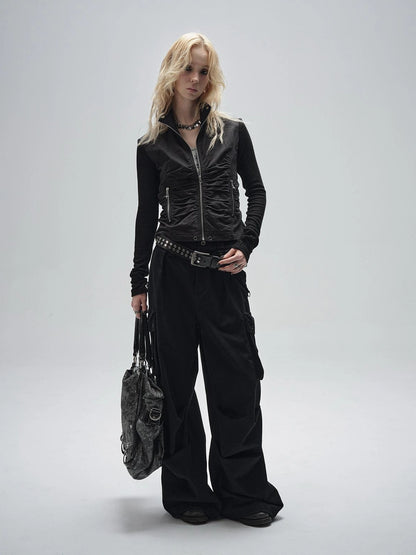 wear And tear Knitted Sleeve Paneled Stand Collar Pleated Slim Cropped Jacket
