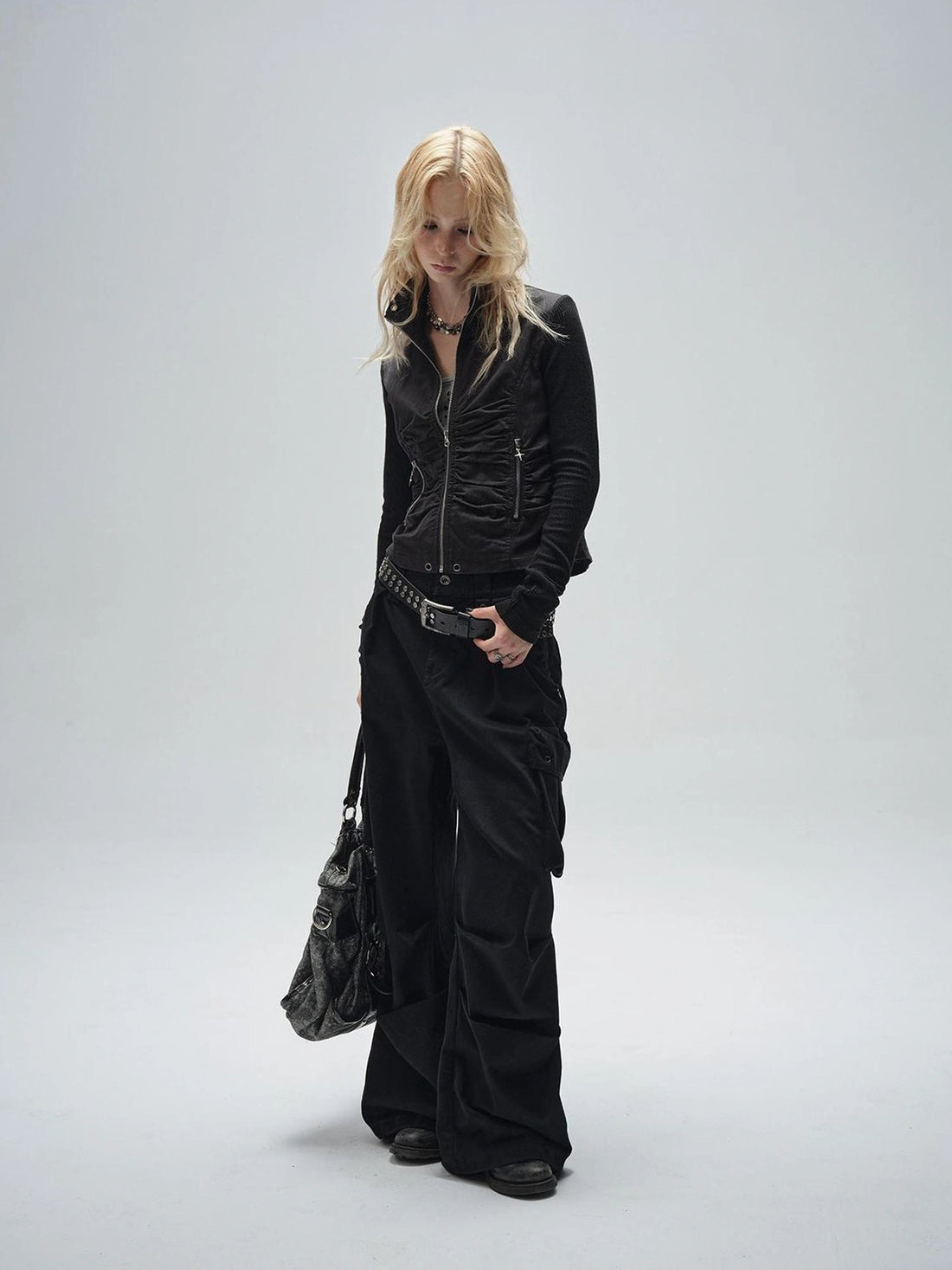 wear And tear Knitted Sleeve Paneled Stand Collar Pleated Slim Cropped Jacket