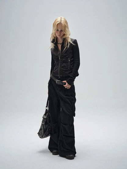 wear And tear Knitted Sleeve Paneled Stand Collar Pleated Slim Cropped Jacket