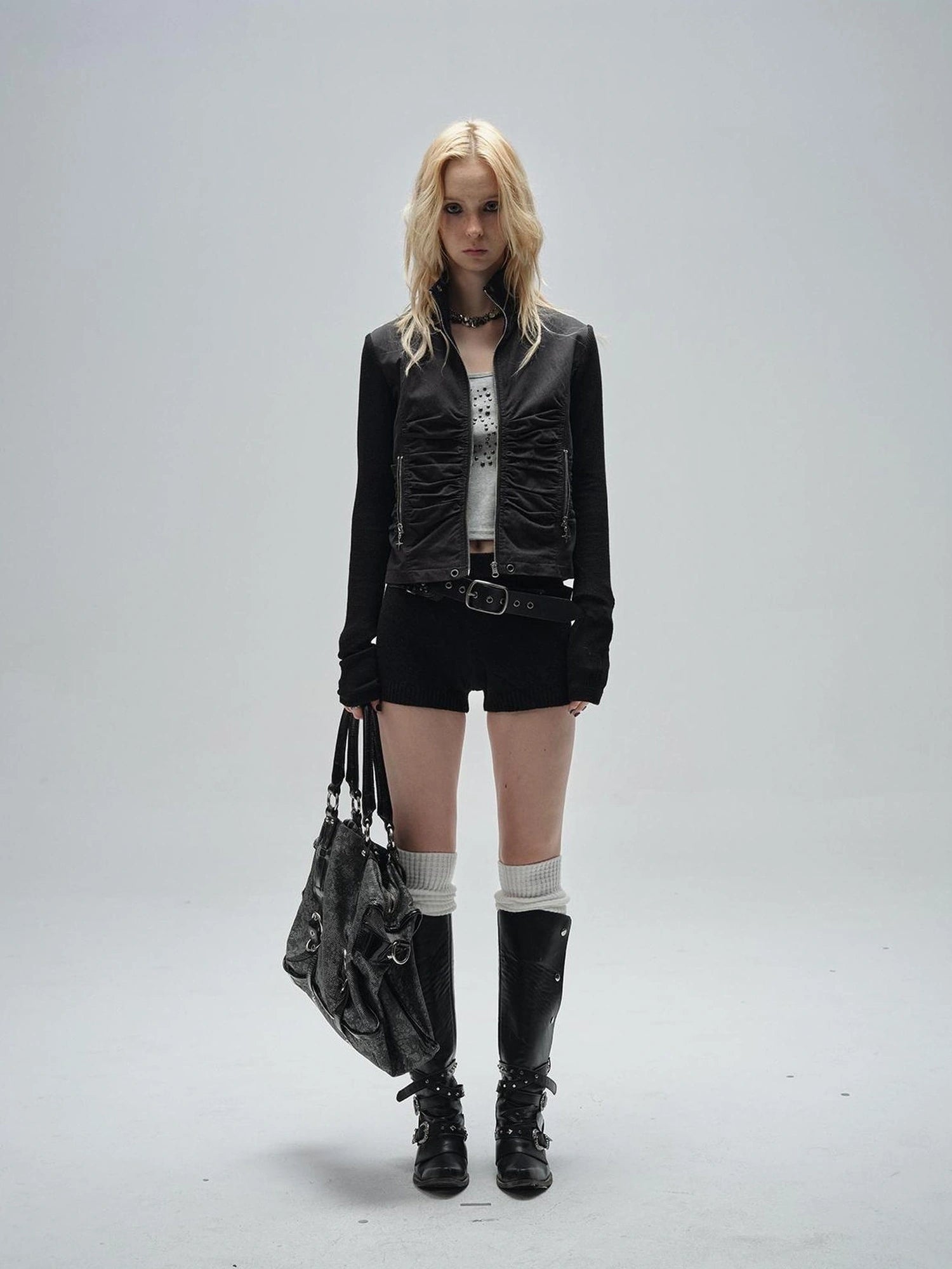 wear And tear Knitted Sleeve Paneled Stand Collar Pleated Slim Cropped Jacket