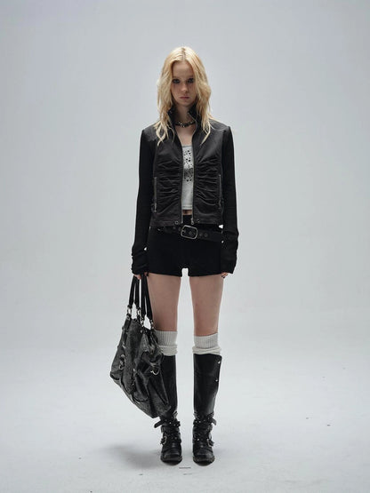 wear And tear Knitted Sleeve Paneled Stand Collar Pleated Slim Cropped Jacket