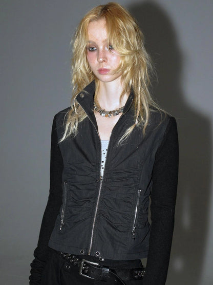 wear And tear Knitted Sleeve Paneled Stand Collar Pleated Slim Cropped Jacket