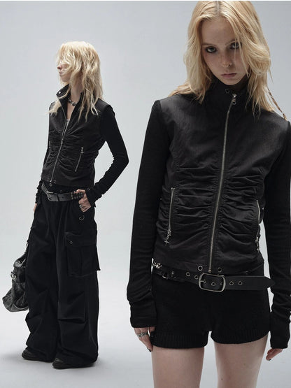 wear And tear Knitted Sleeve Paneled Stand Collar Pleated Slim Cropped Jacket