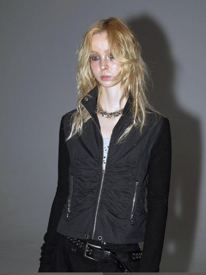 wear And tear Knitted Sleeve Paneled Stand Collar Pleated Slim Cropped Jacket