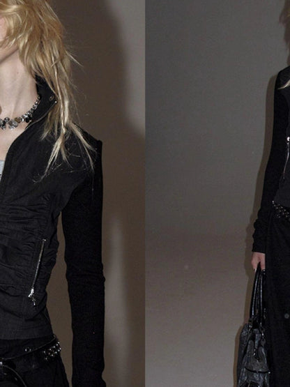 wear And tear Knitted Sleeve Paneled Stand Collar Pleated Slim Cropped Jacket