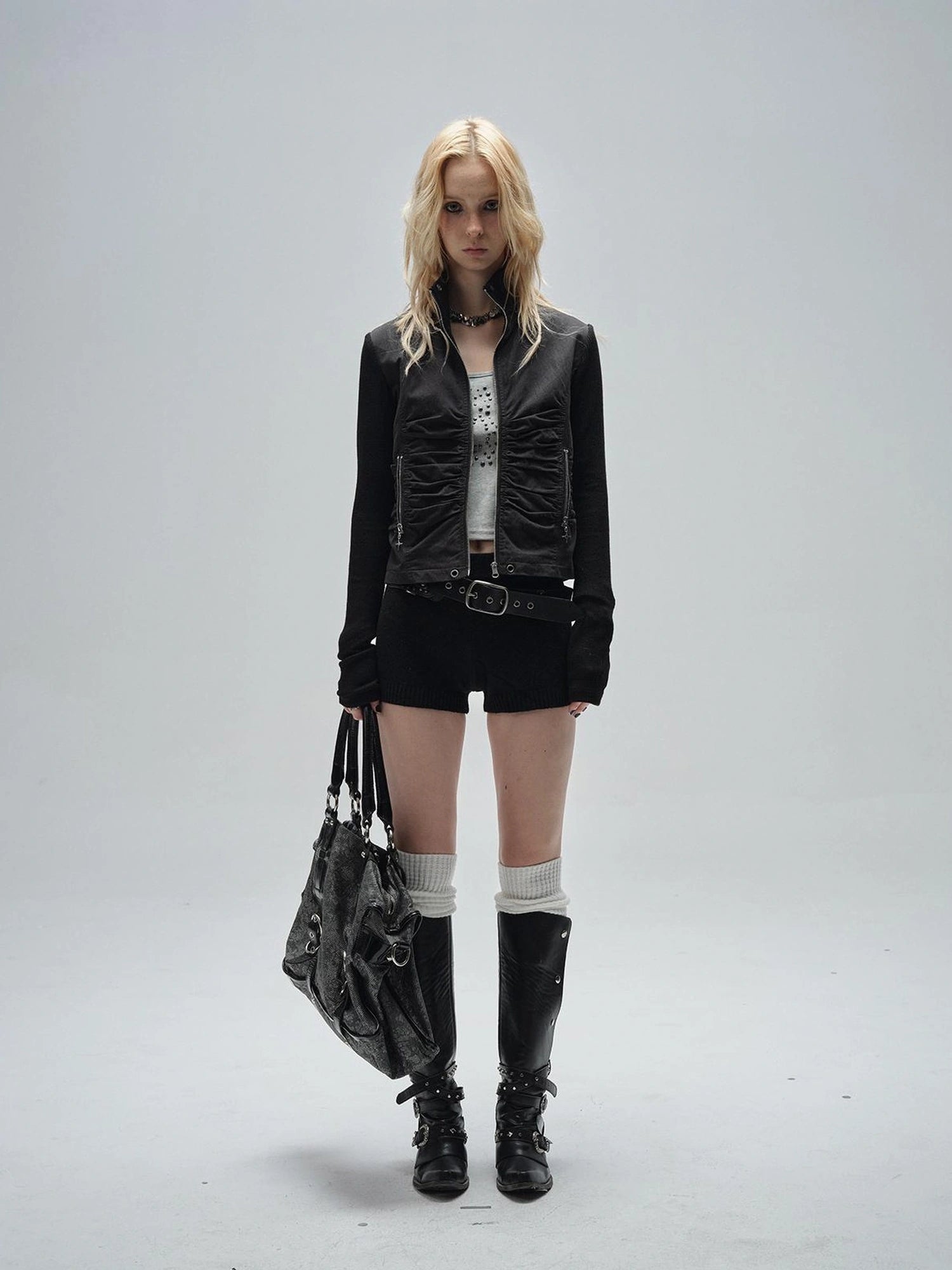 wear And tear Knitted Sleeve Paneled Stand Collar Pleated Slim Cropped Jacket