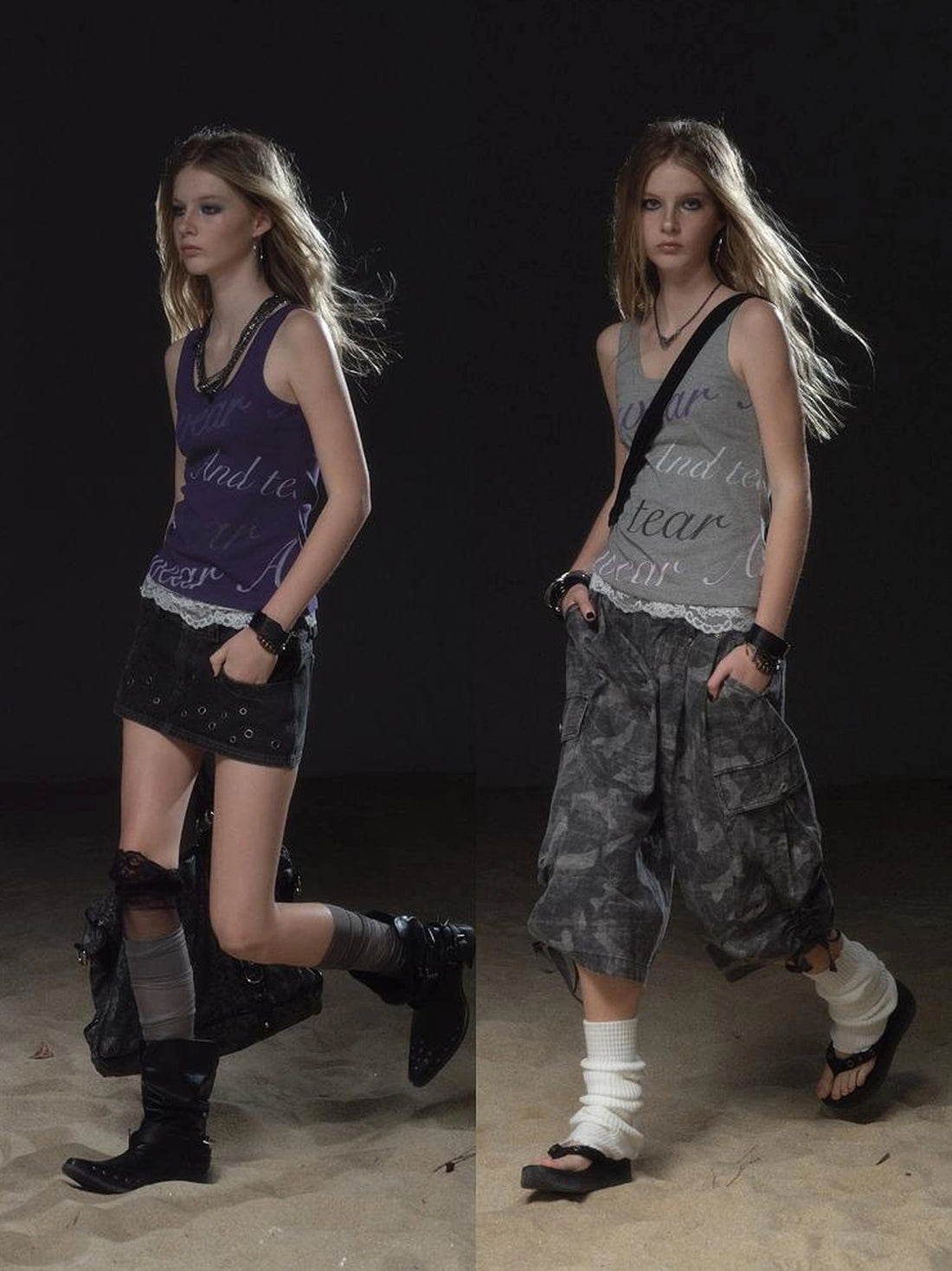 wear And tear Lace Trimmed Contrast Lettering Ribbed Tank