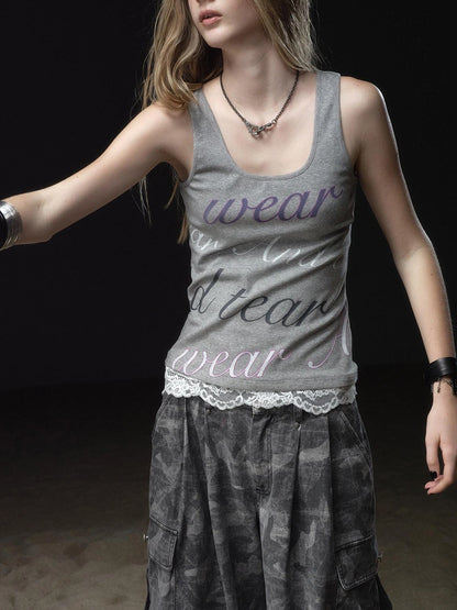 wear And tear Lace Trimmed Contrast Lettering Ribbed Tank
