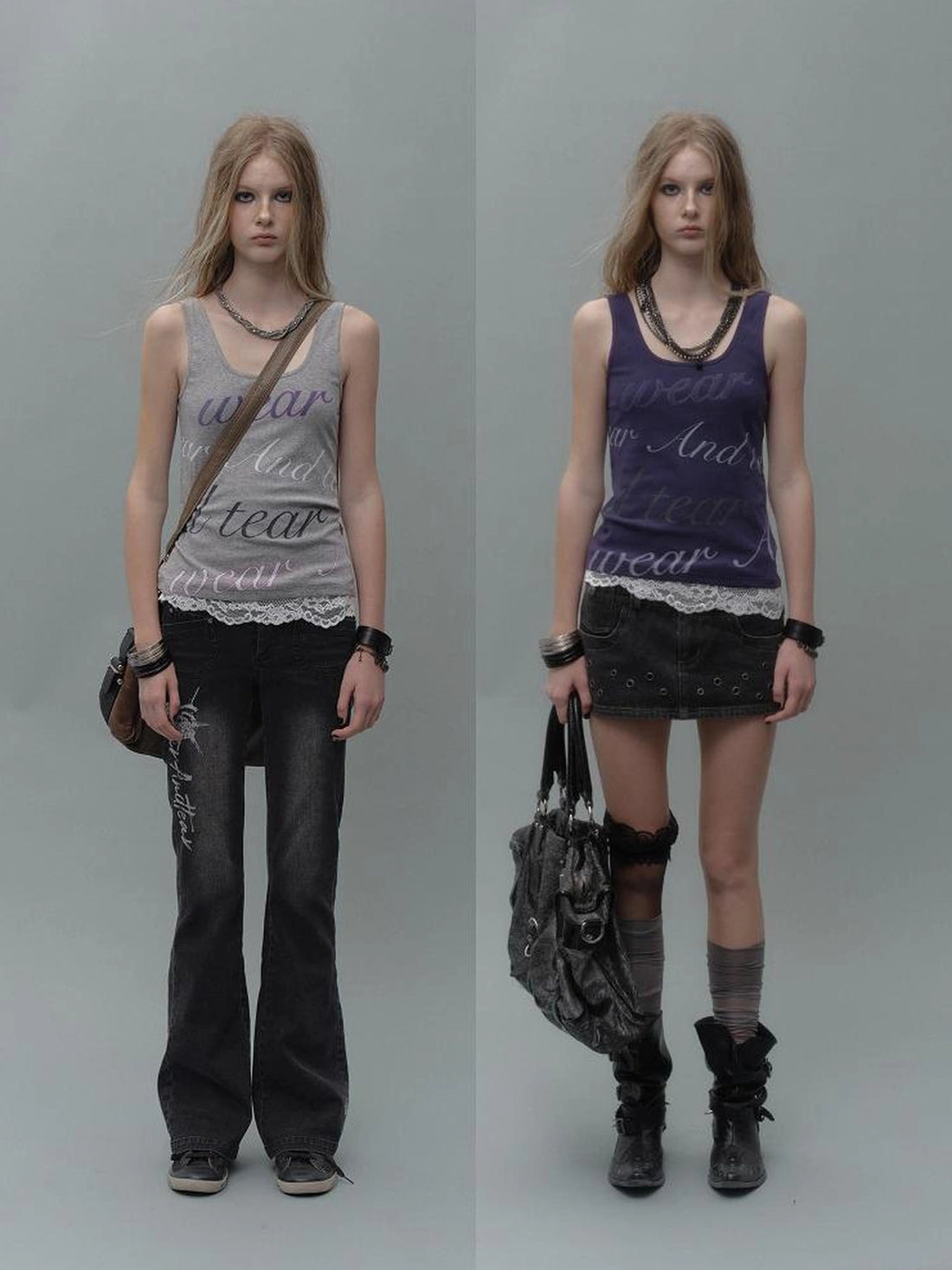 wear And tear Lace Trimmed Contrast Lettering Ribbed Tank