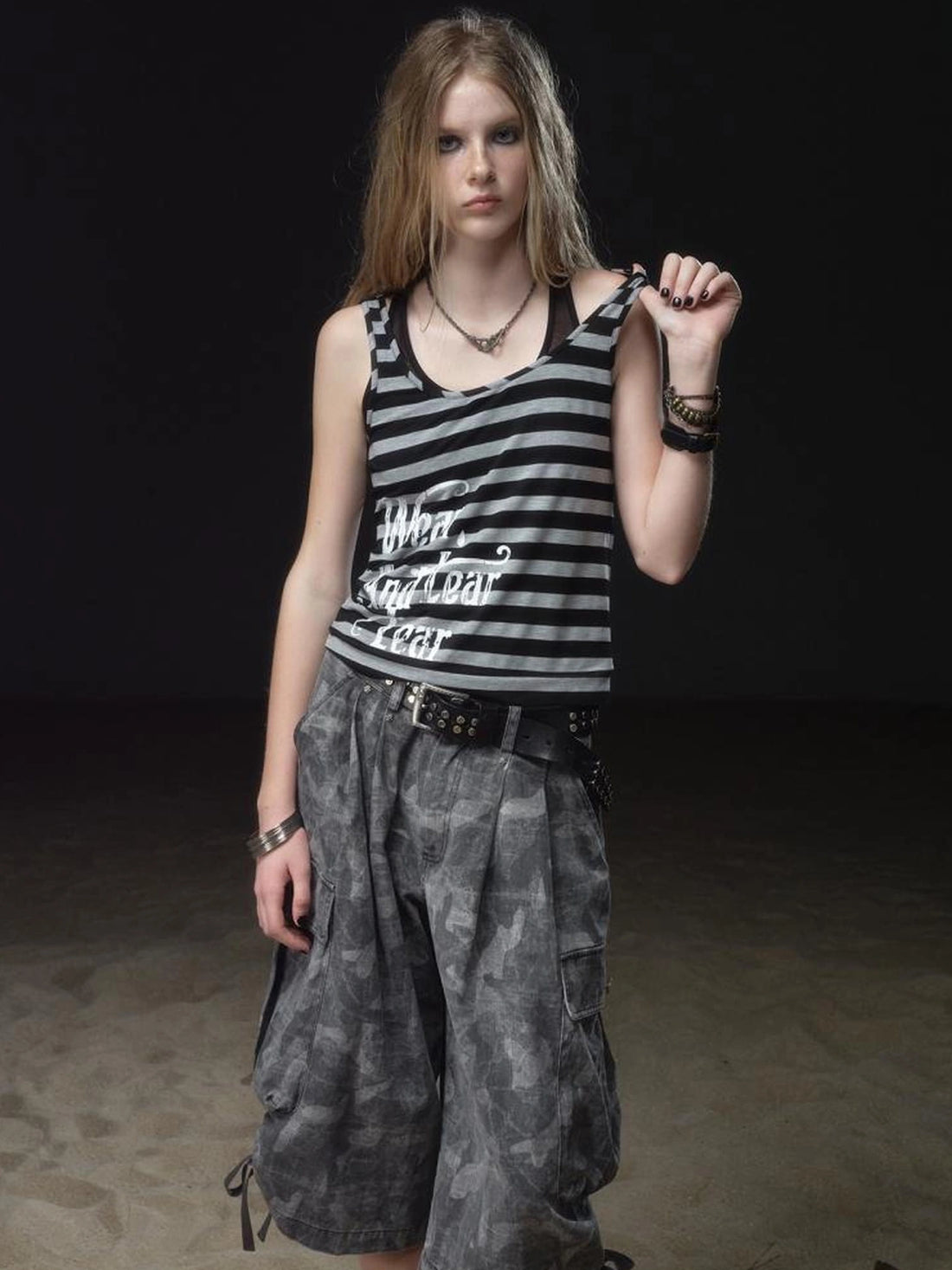 wear And tear Layered Stripe &amp; Mesh Tank Top