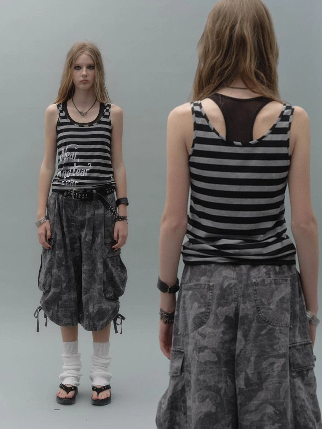 wear And tear Layered Stripe &amp; Mesh Tank Top